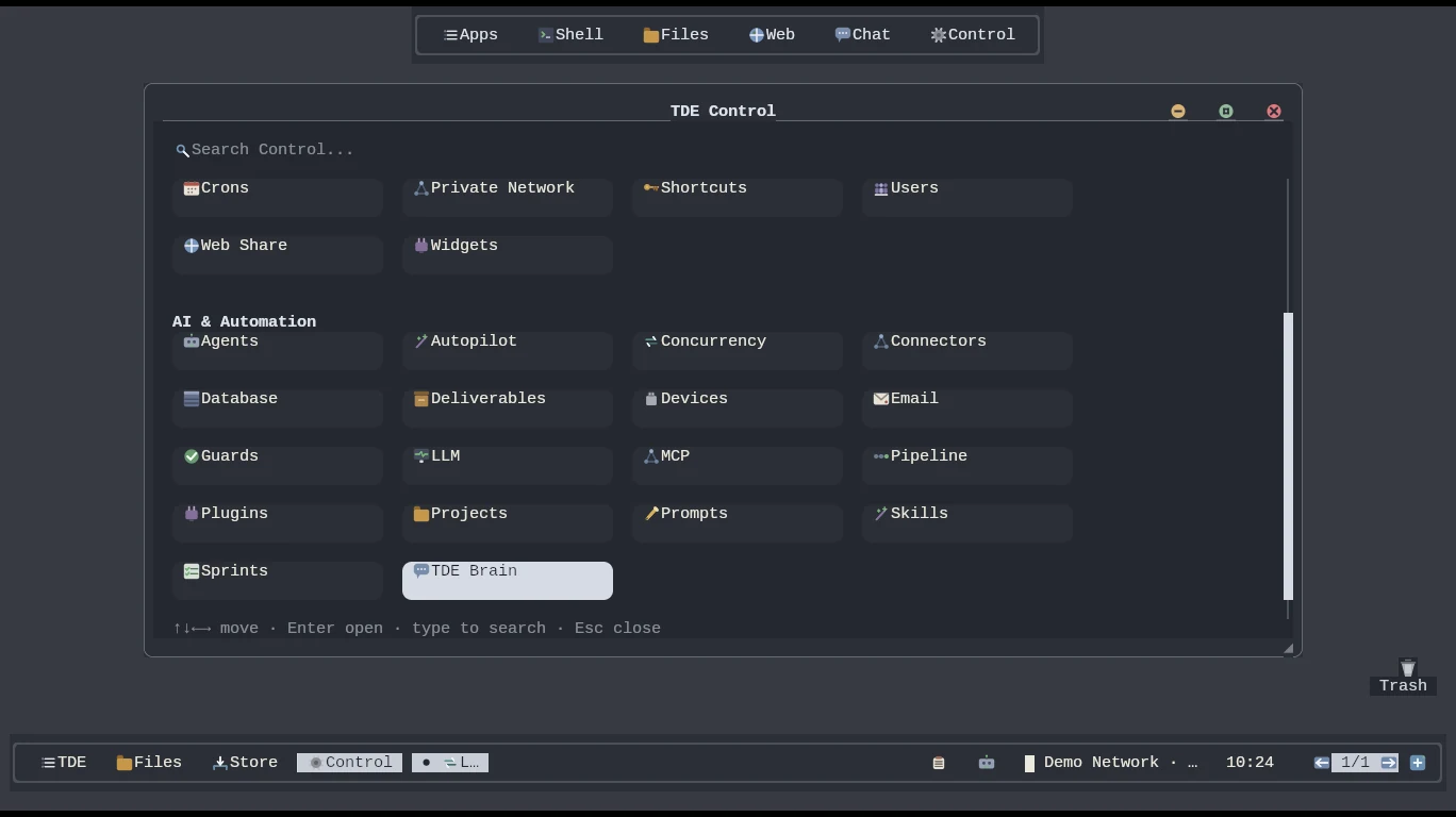 Control — the real TDE Control window: personal, hardware, system and AI & automation sections