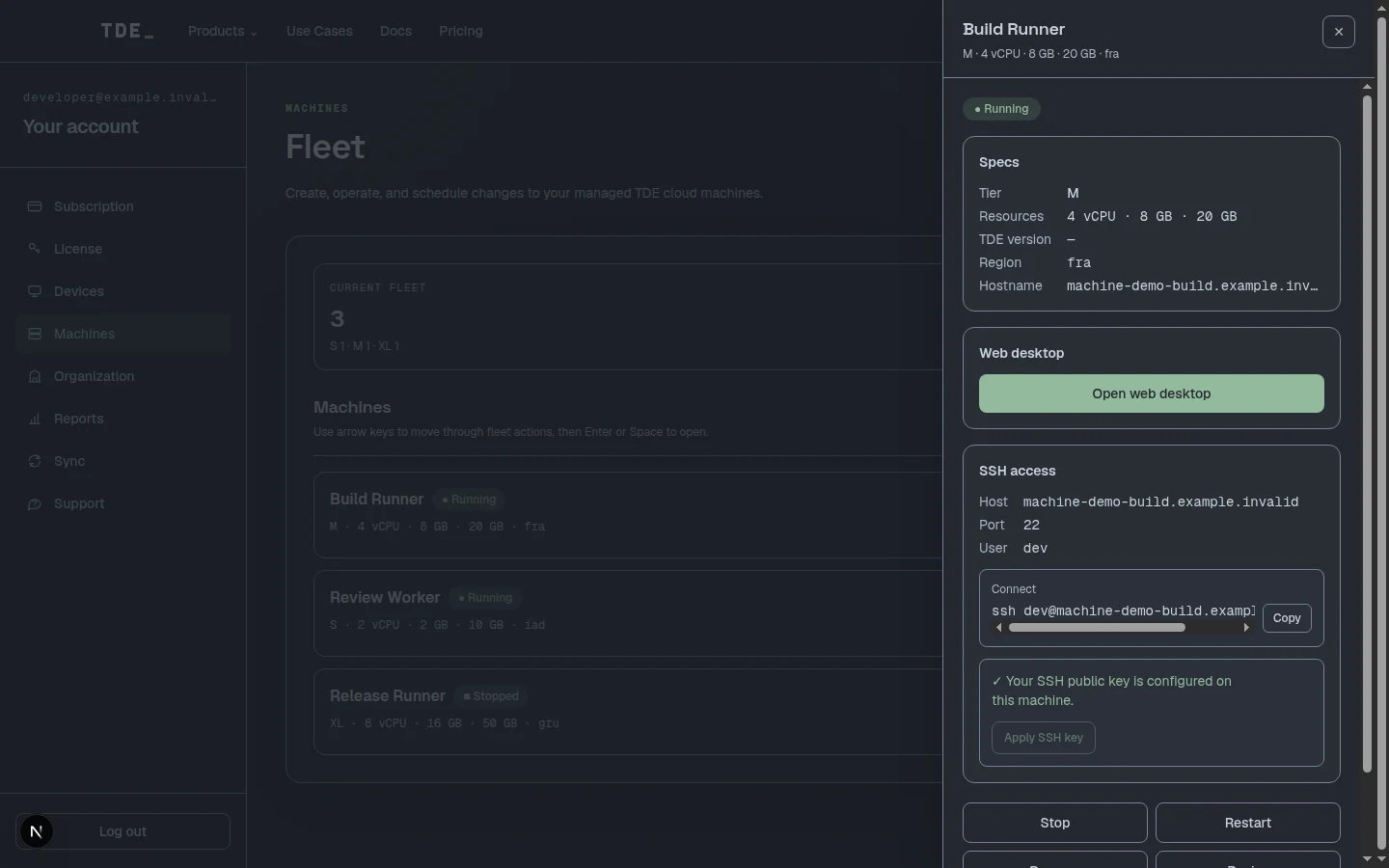 TDE account fleet dashboard showing managed Machines, status, region, compute, version and lifecycle actions.