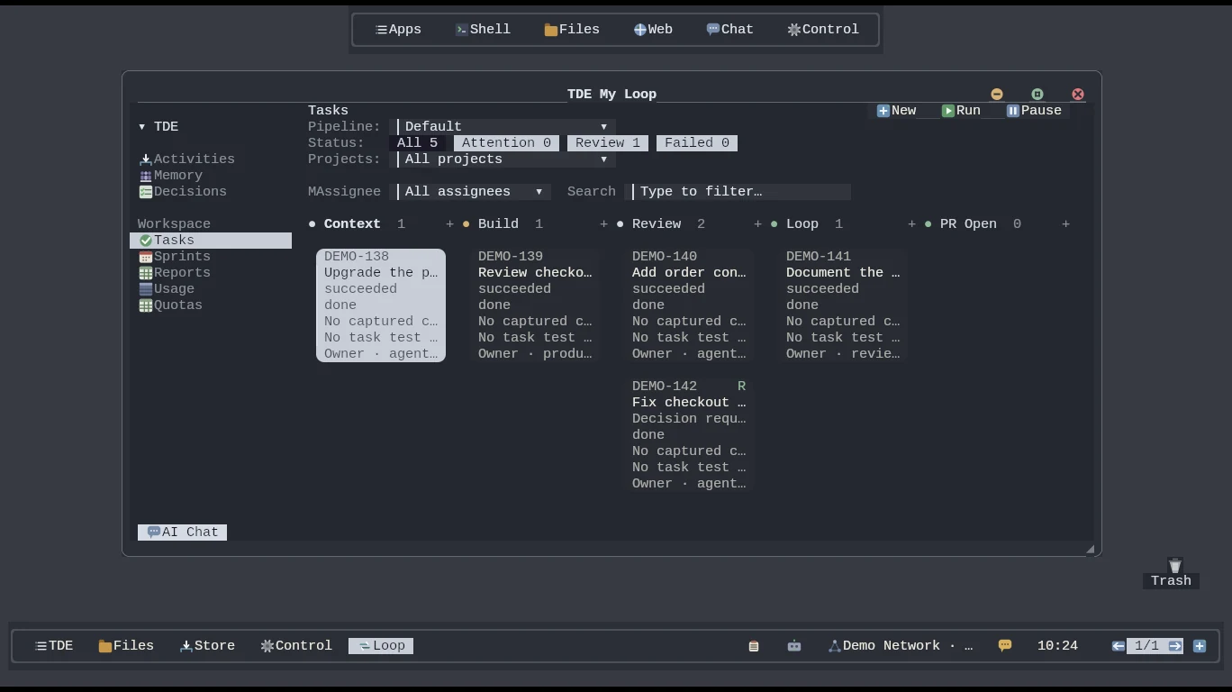The My Loop board with demo tasks moving through the Context, Build, Review and Loop pipeline stages
