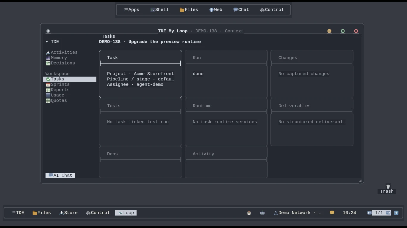 A task starts with a project, pipeline, agent and explicit context. My Loop creates the isolated workspace and carries the run from intake to pull request.