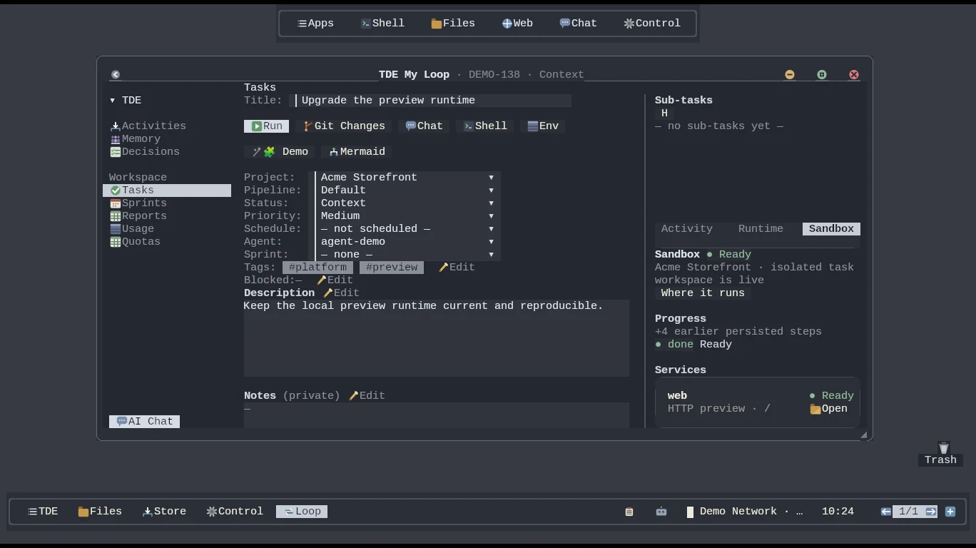 A My Loop task with its Sandbox tab open, showing the isolated task environment, provisioning progress and live services.