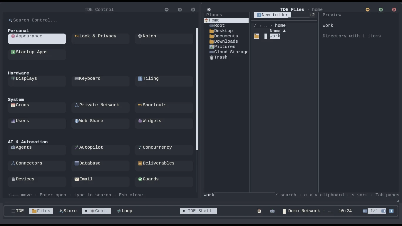 TDE windows tiled side by side: Control and Files sharing the desktop
