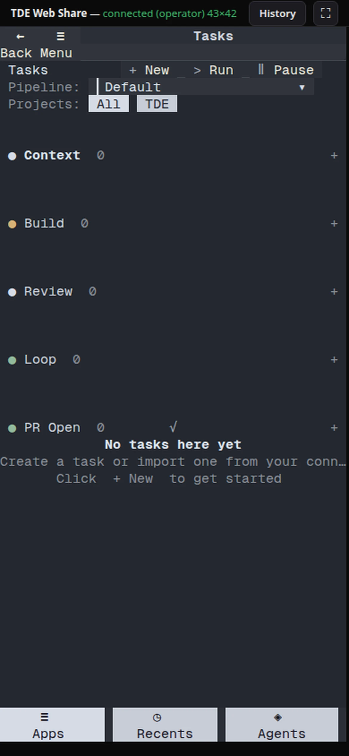 A real 390 by 844 Web Share Flow session at 3× DPR showing My Loop with one Back and Menu header, live task cards, and the compact Apps, Recents, and Agents dock.